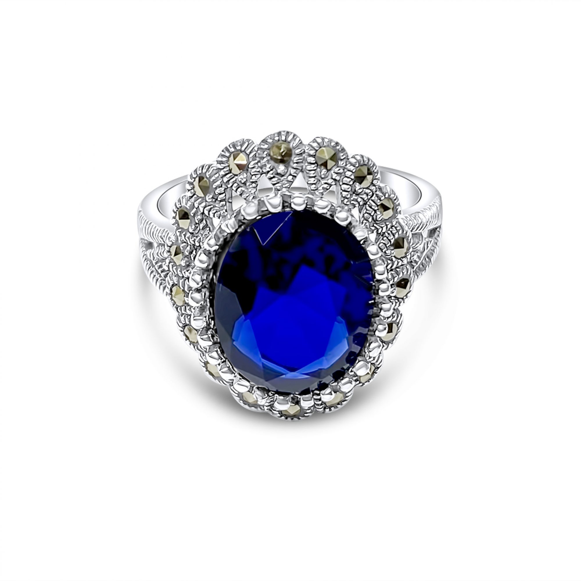 Ring with sapphire stone and marcasites