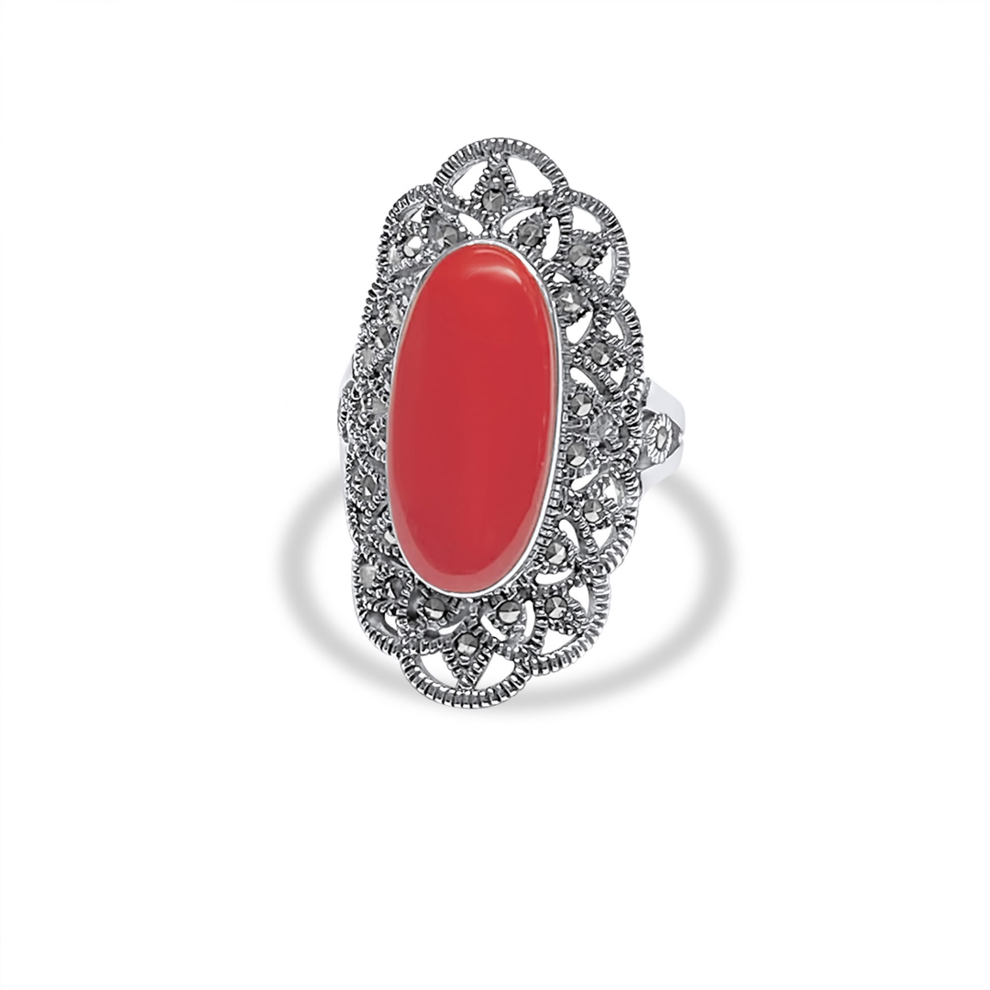 Ring with coral stone and marcasites