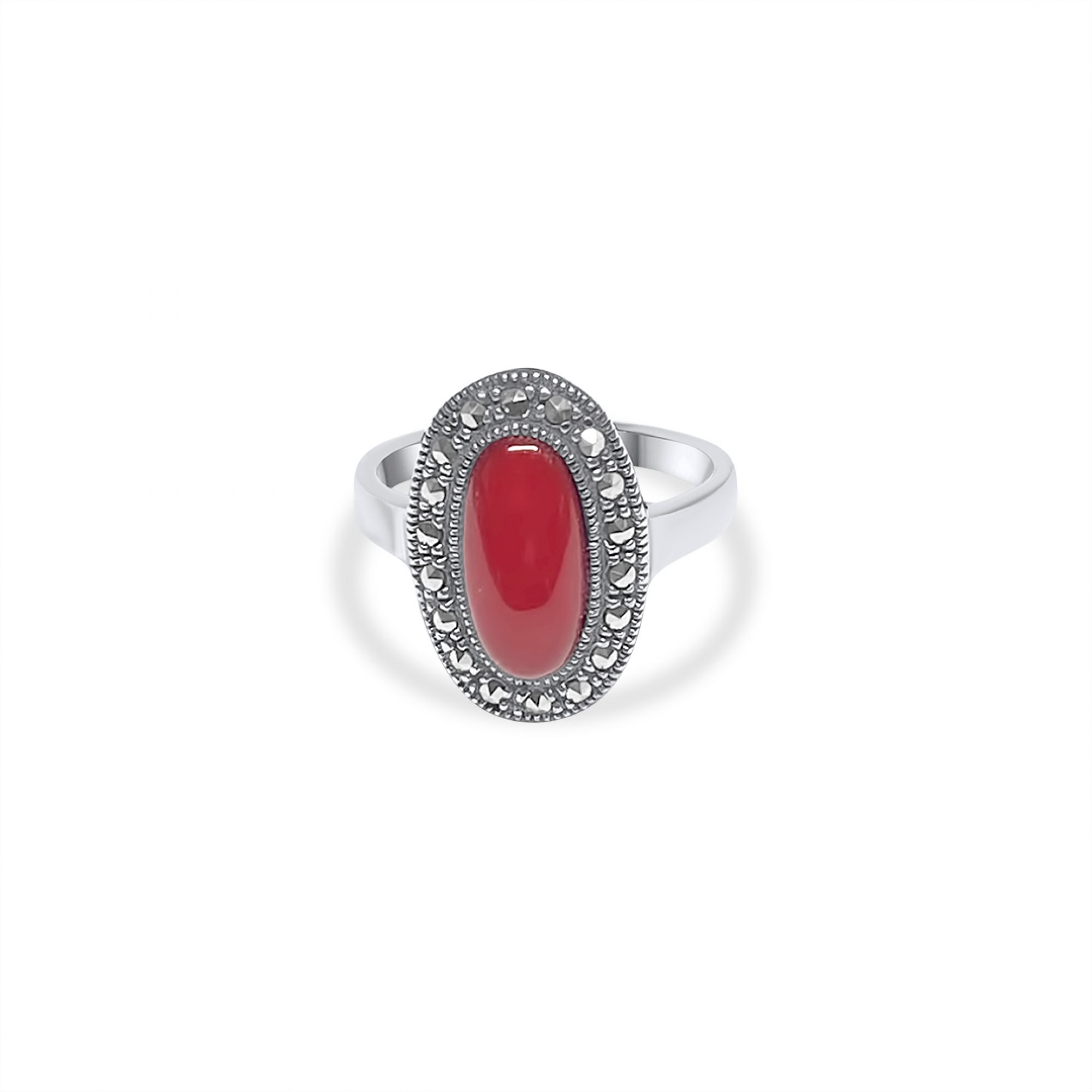 Ring with coral stone and marcasites