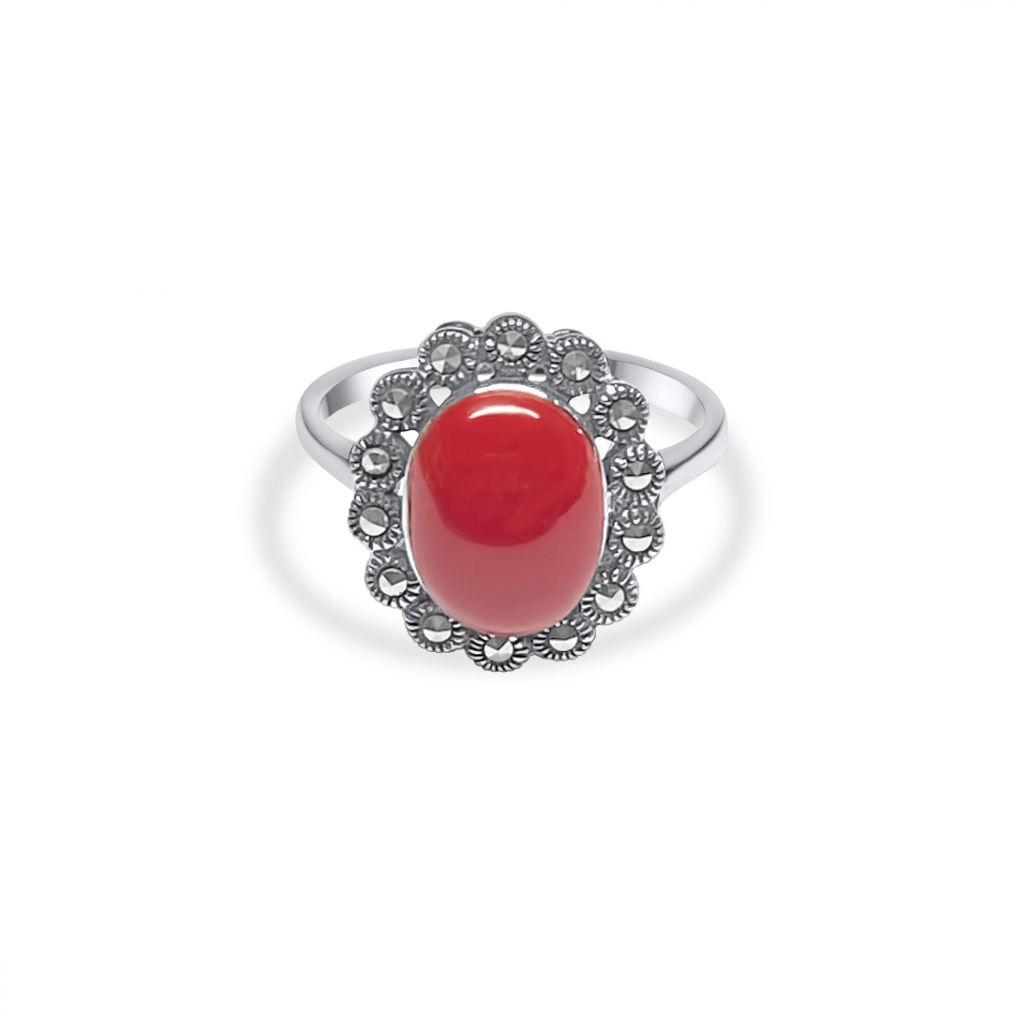 Ring with coral stone and marcasites