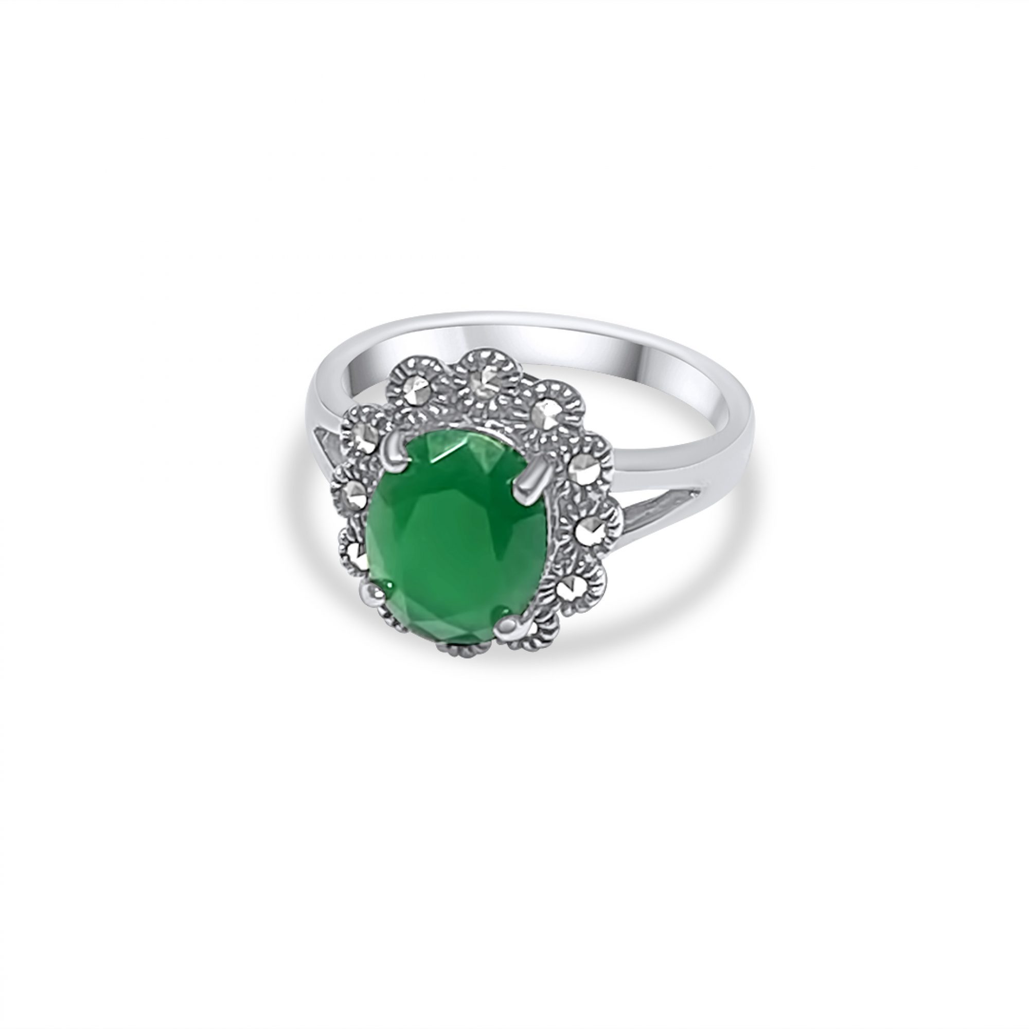 Ring with emerald stone and marcasites