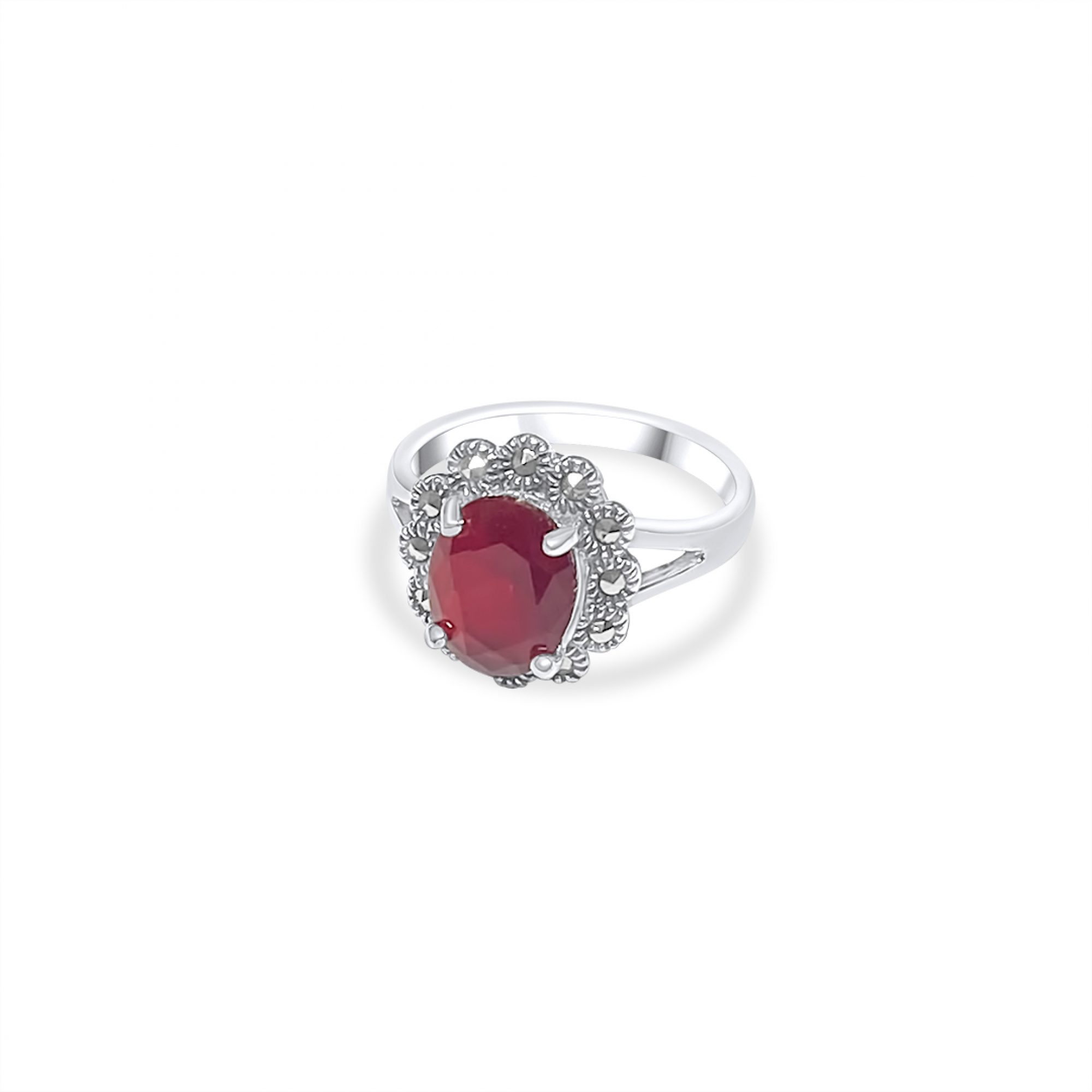 Ring with ruby stone and marcasites