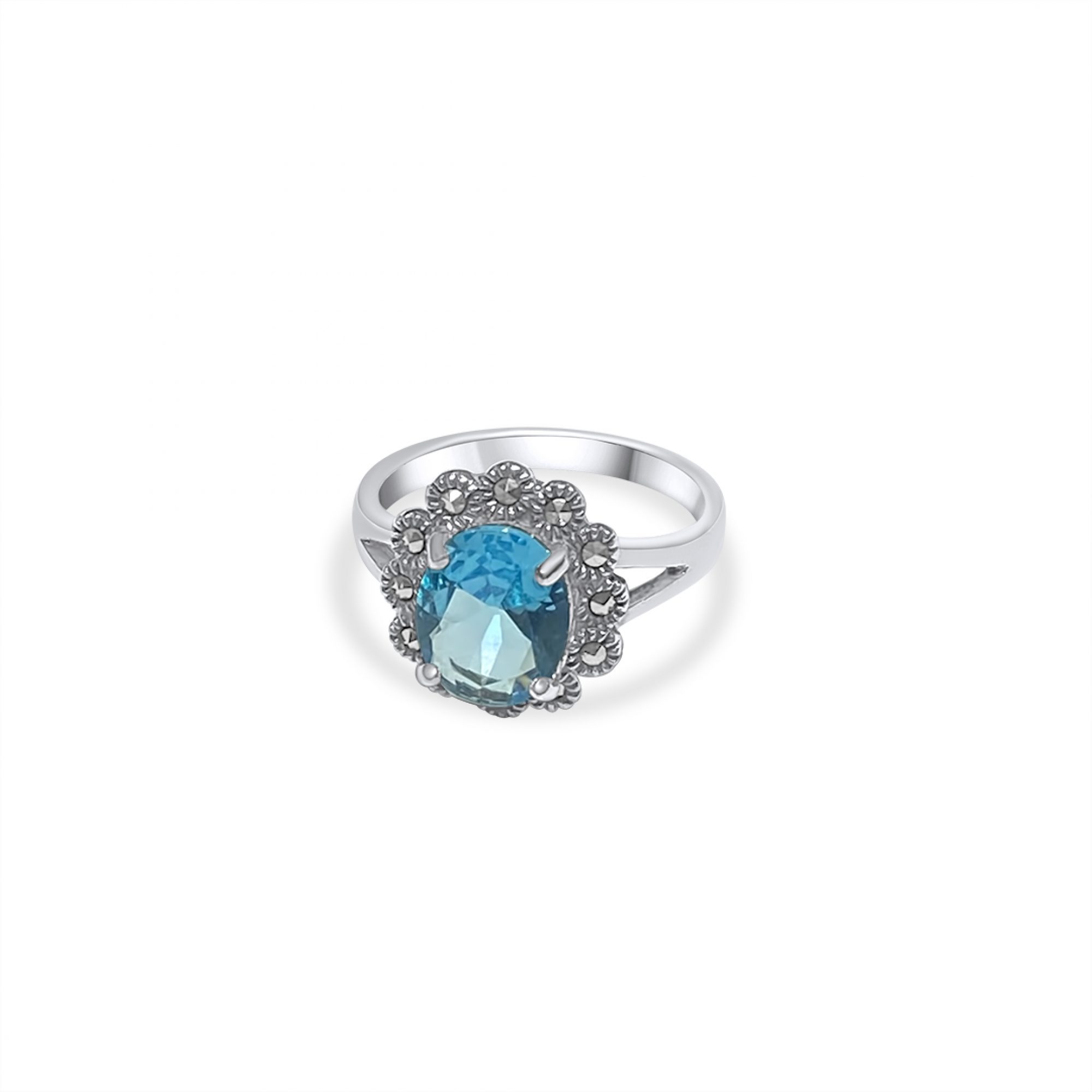 Ring with aquamarine stone and marcasites