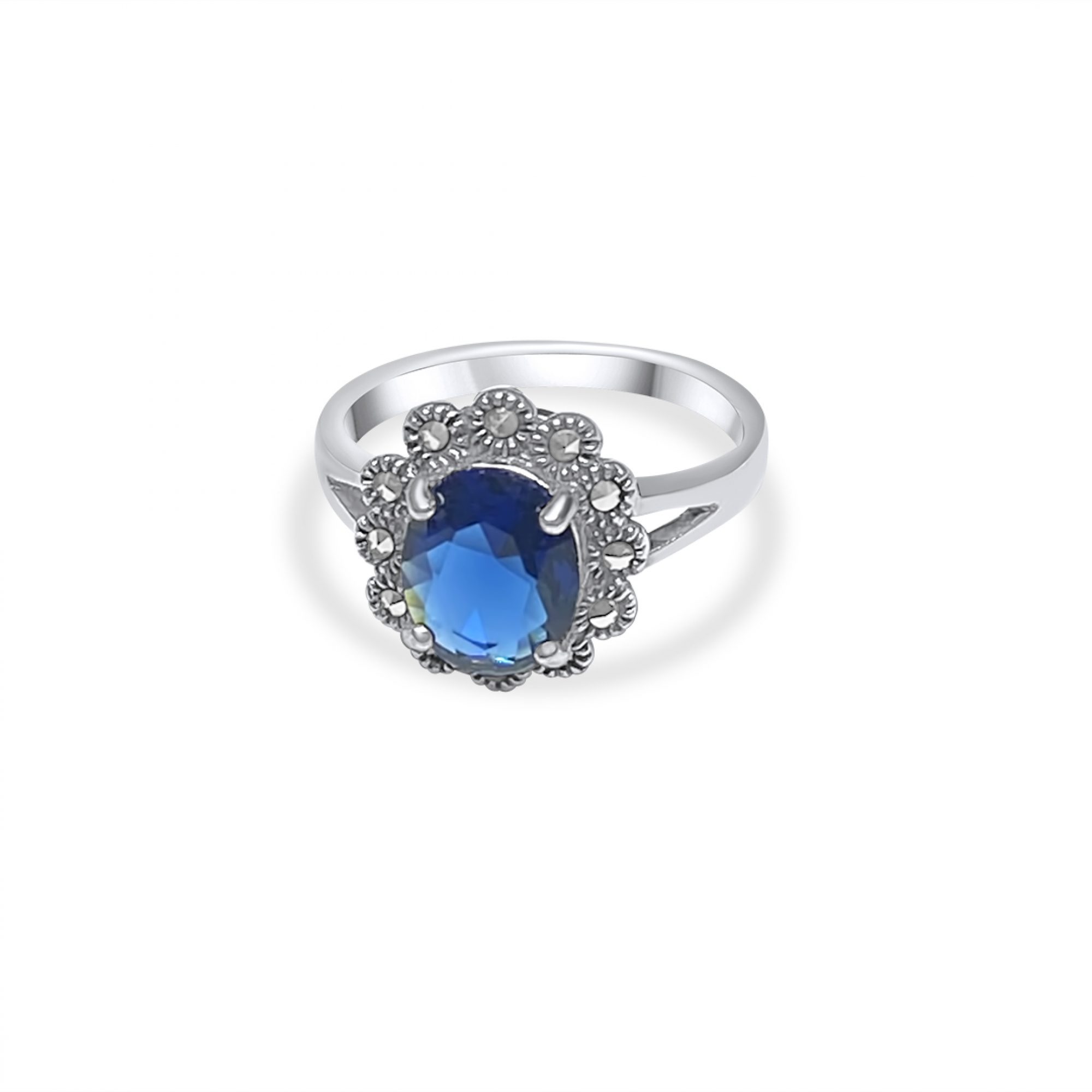 Ring with sapphire stone and marcasites