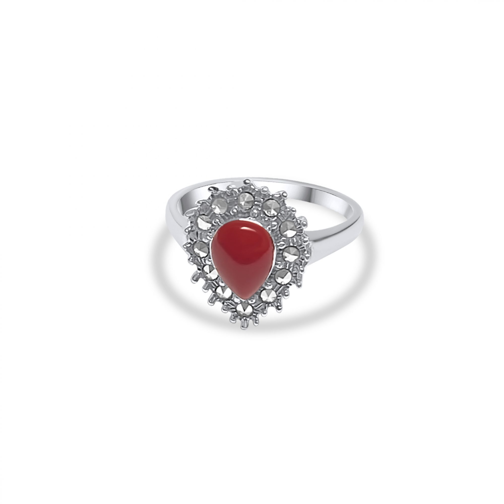 Ring with coral stone and marcasites