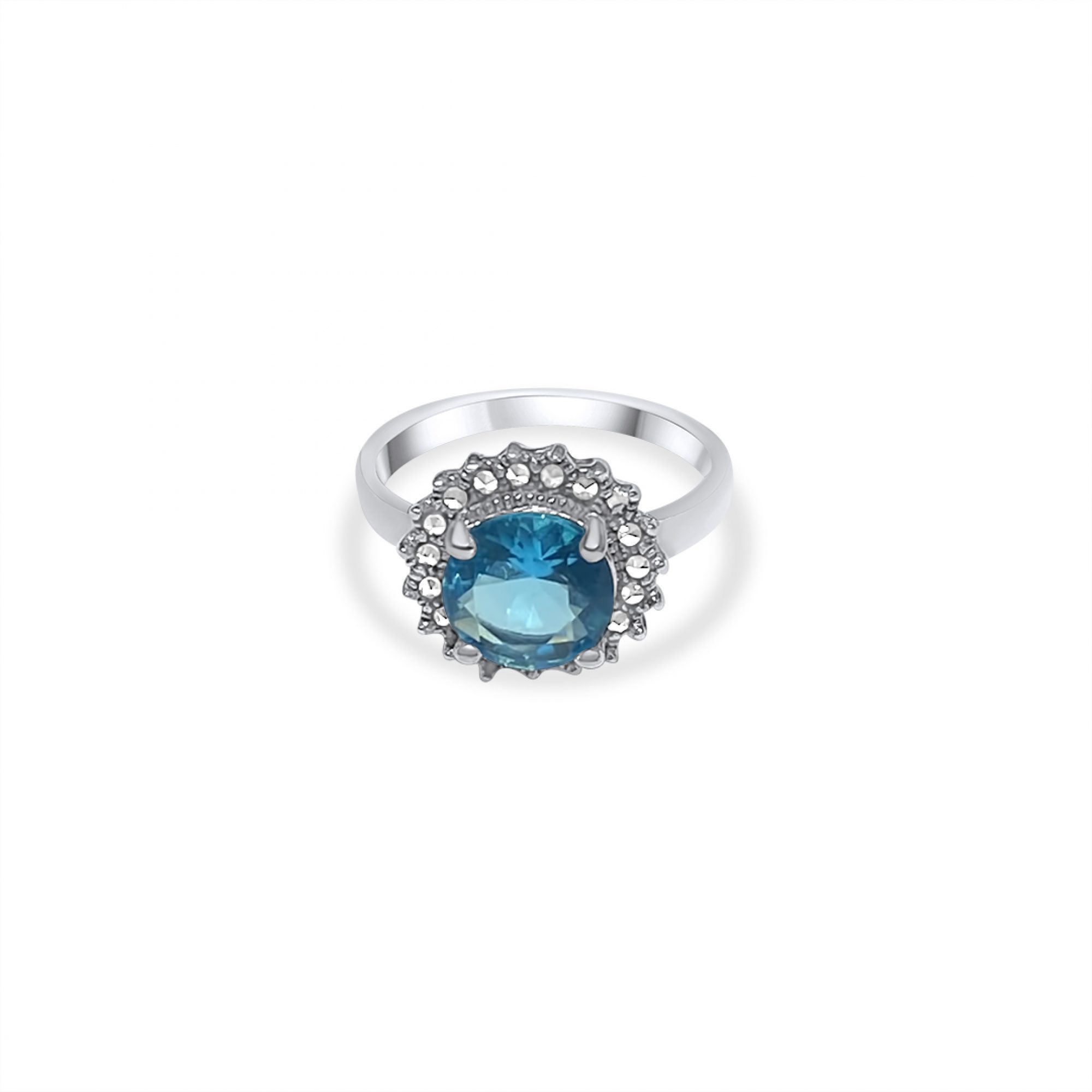 Ring with aquamarine stone and marcasites