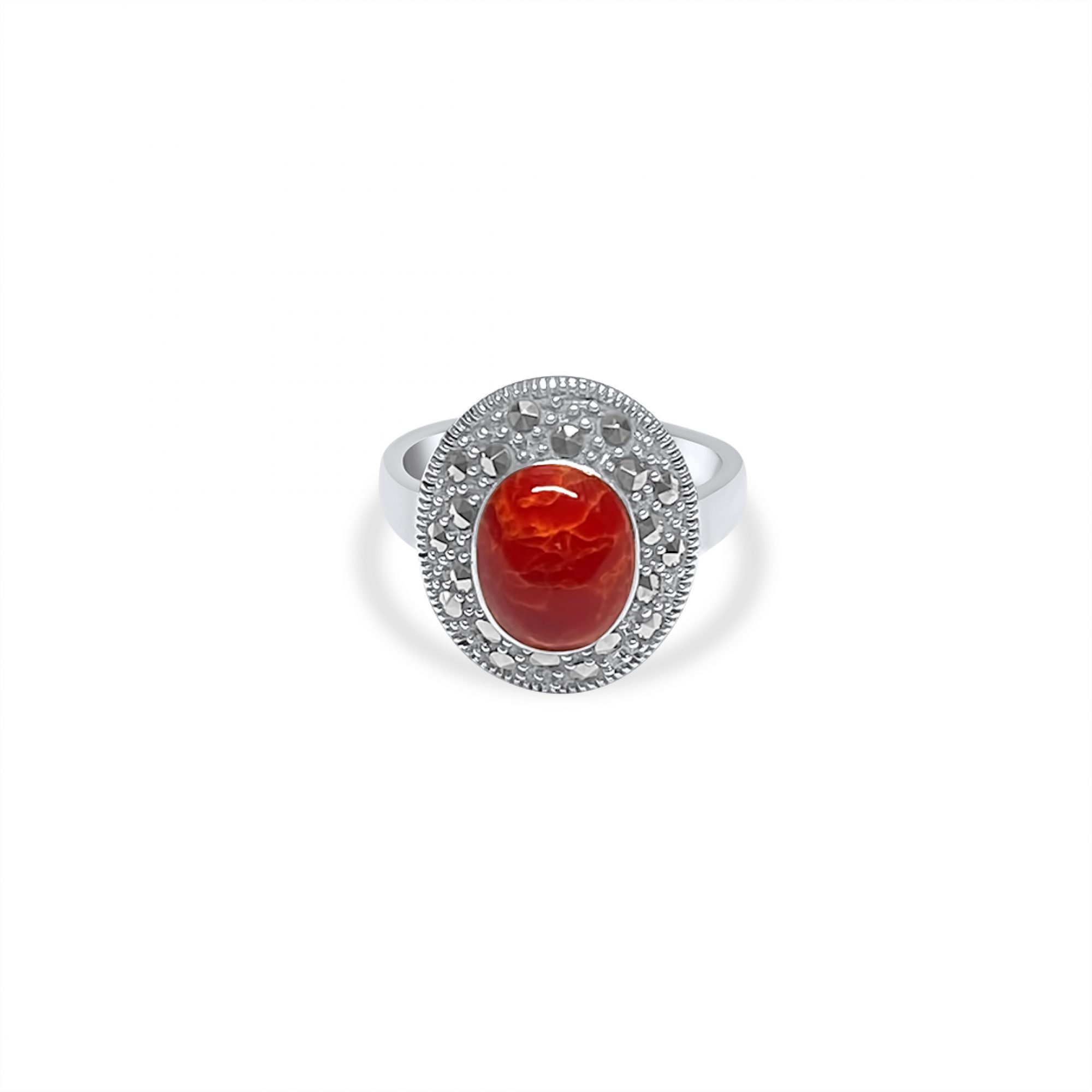 Ring with coral stone and marcasites