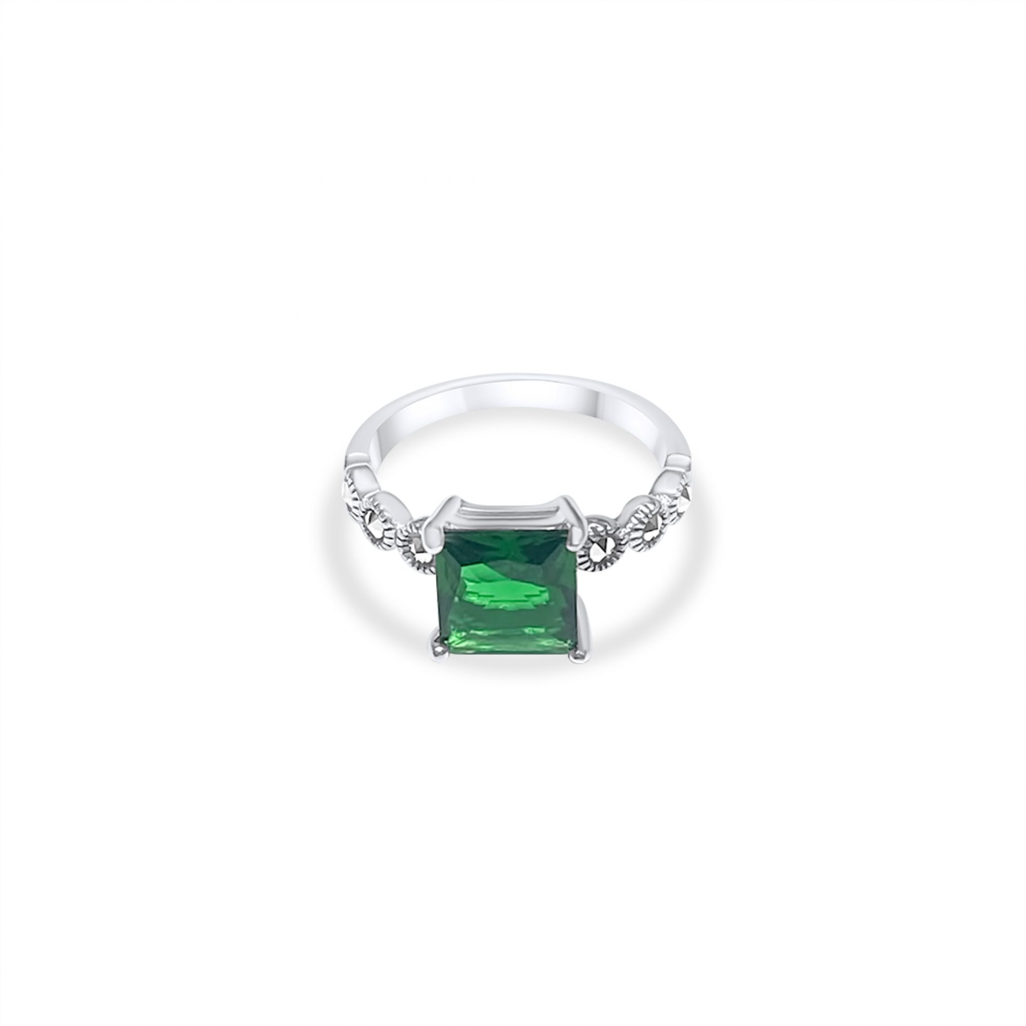 Ring with emerald stone and marcasites