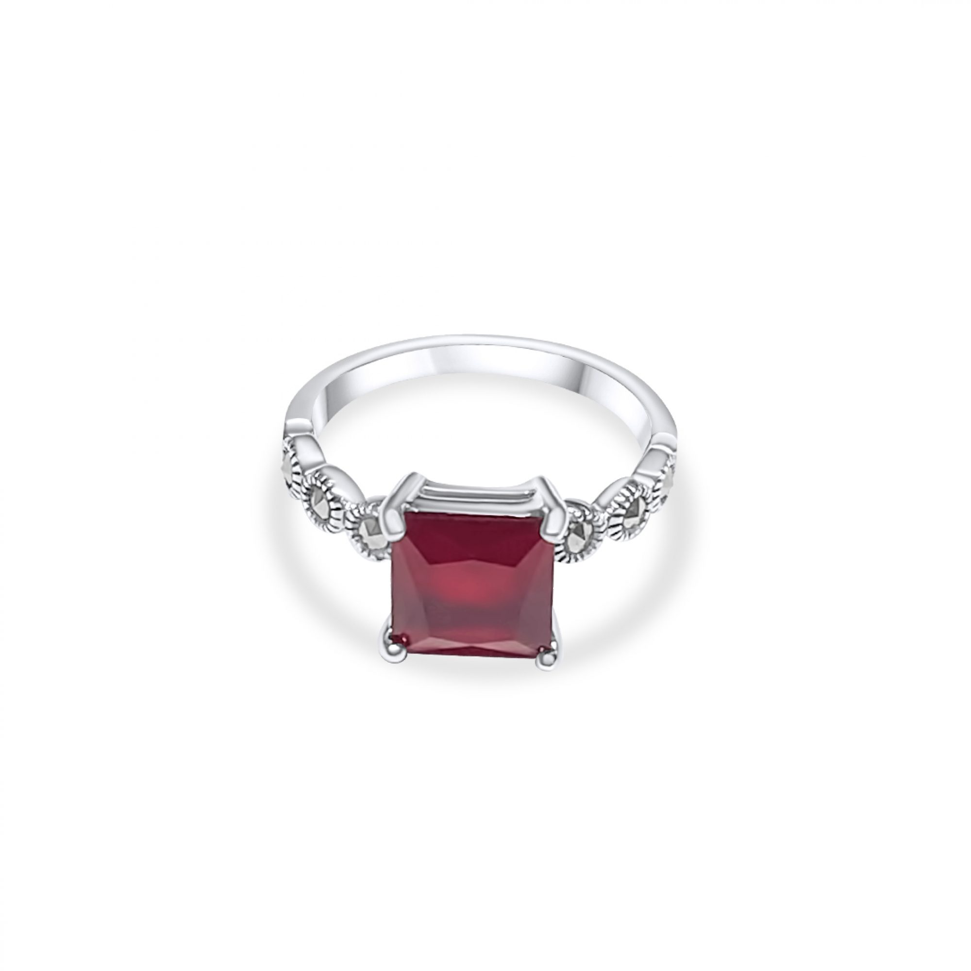 Ring with ruby stone and marcasites