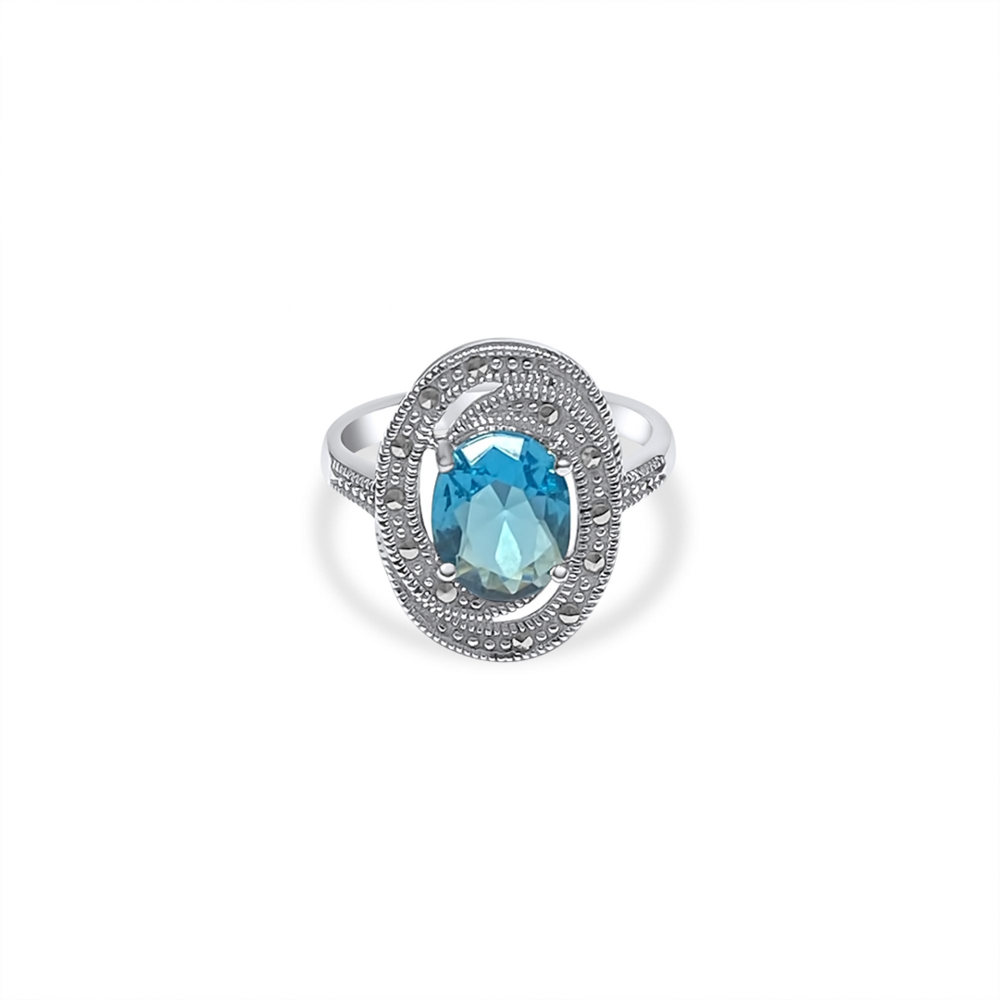 Ring with aquamarine stone and marcasites