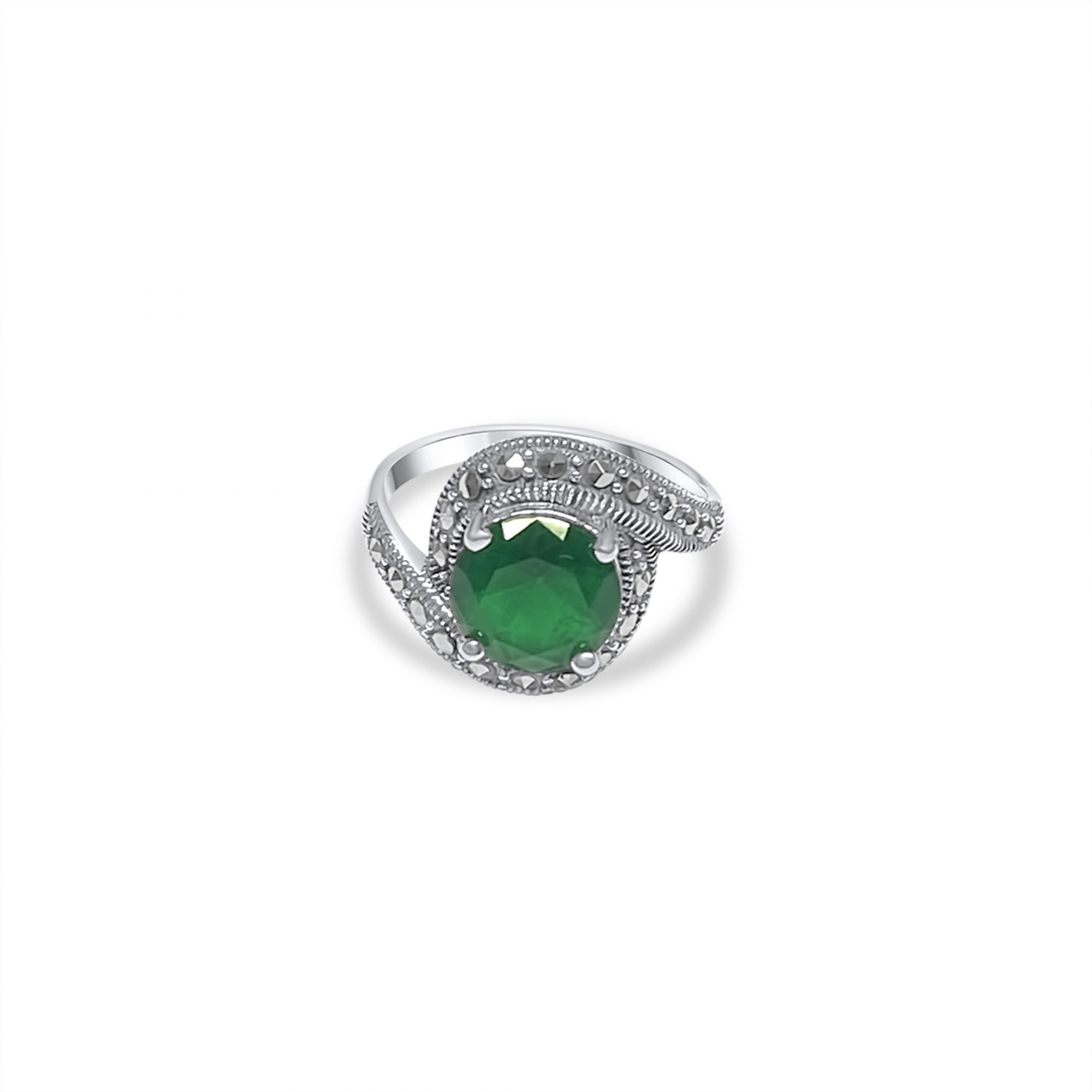 Ring with emerald stone and marcasites