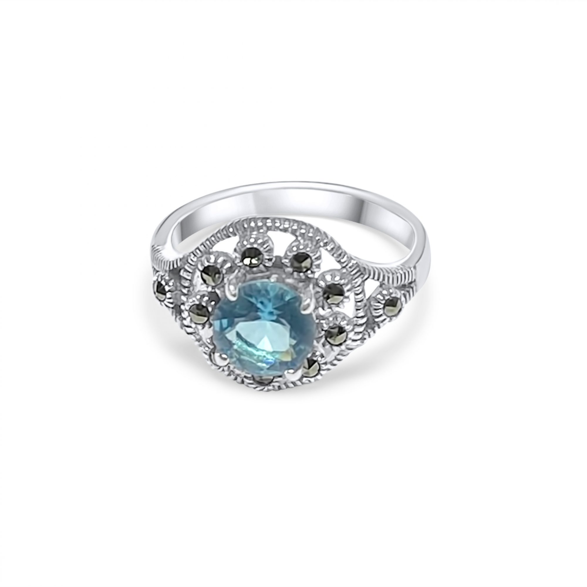 Ring with aquamarine stone and marcasites