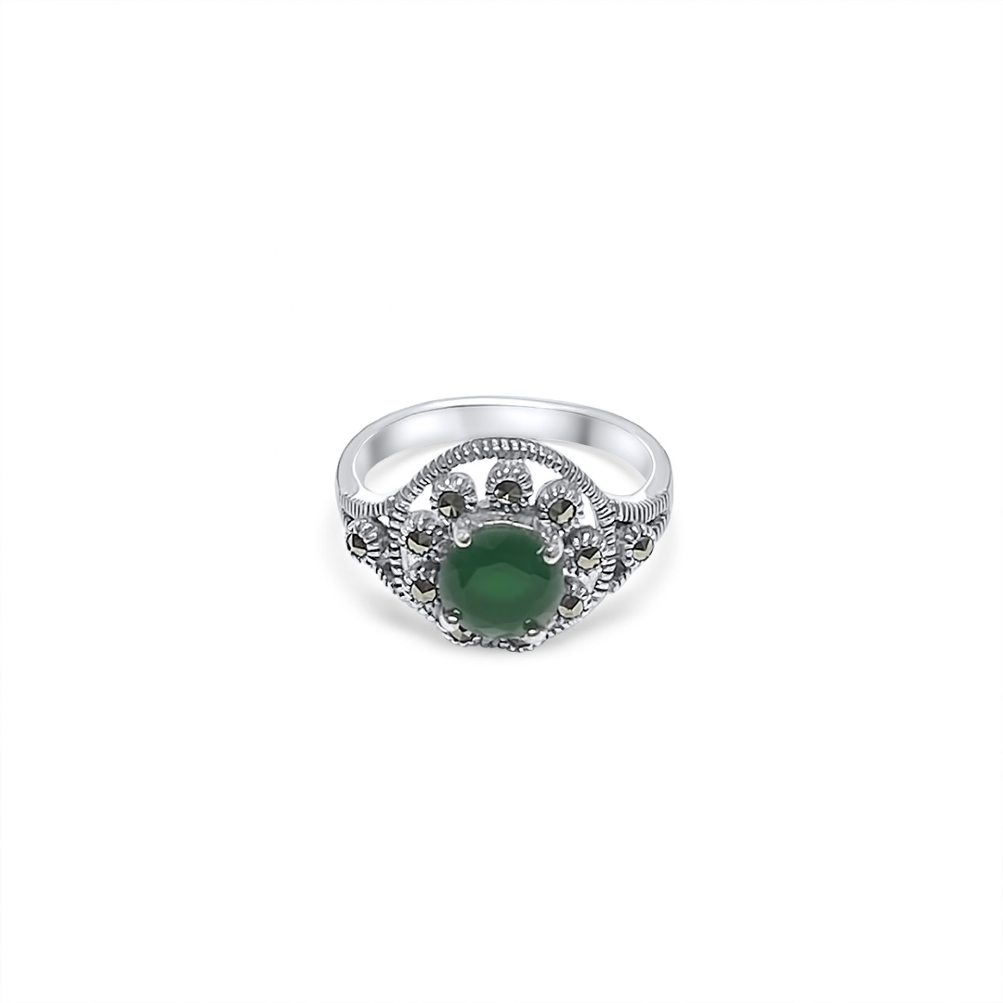 Ring with emerald stone and marcasites