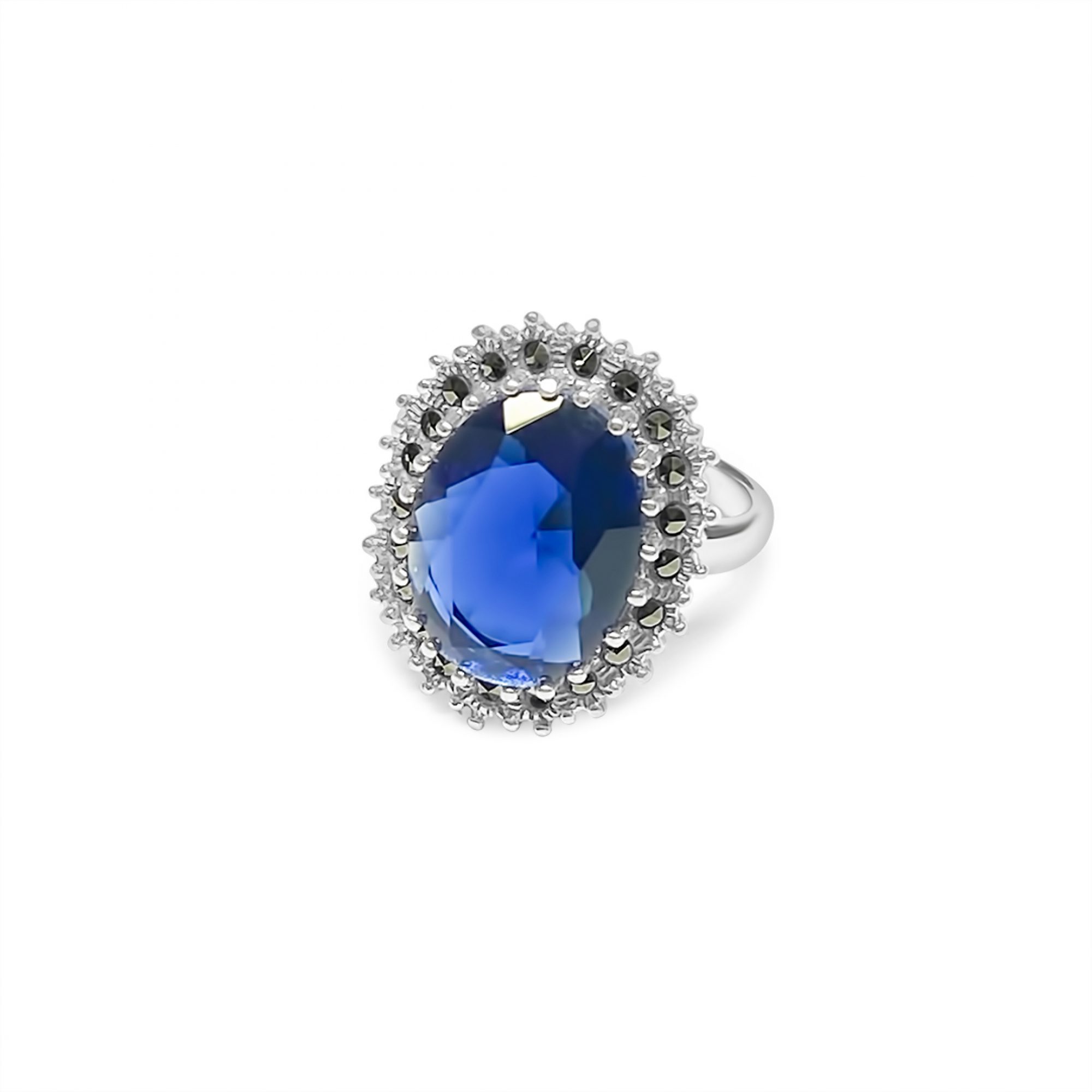 Ring with sapphire stone and marcasites