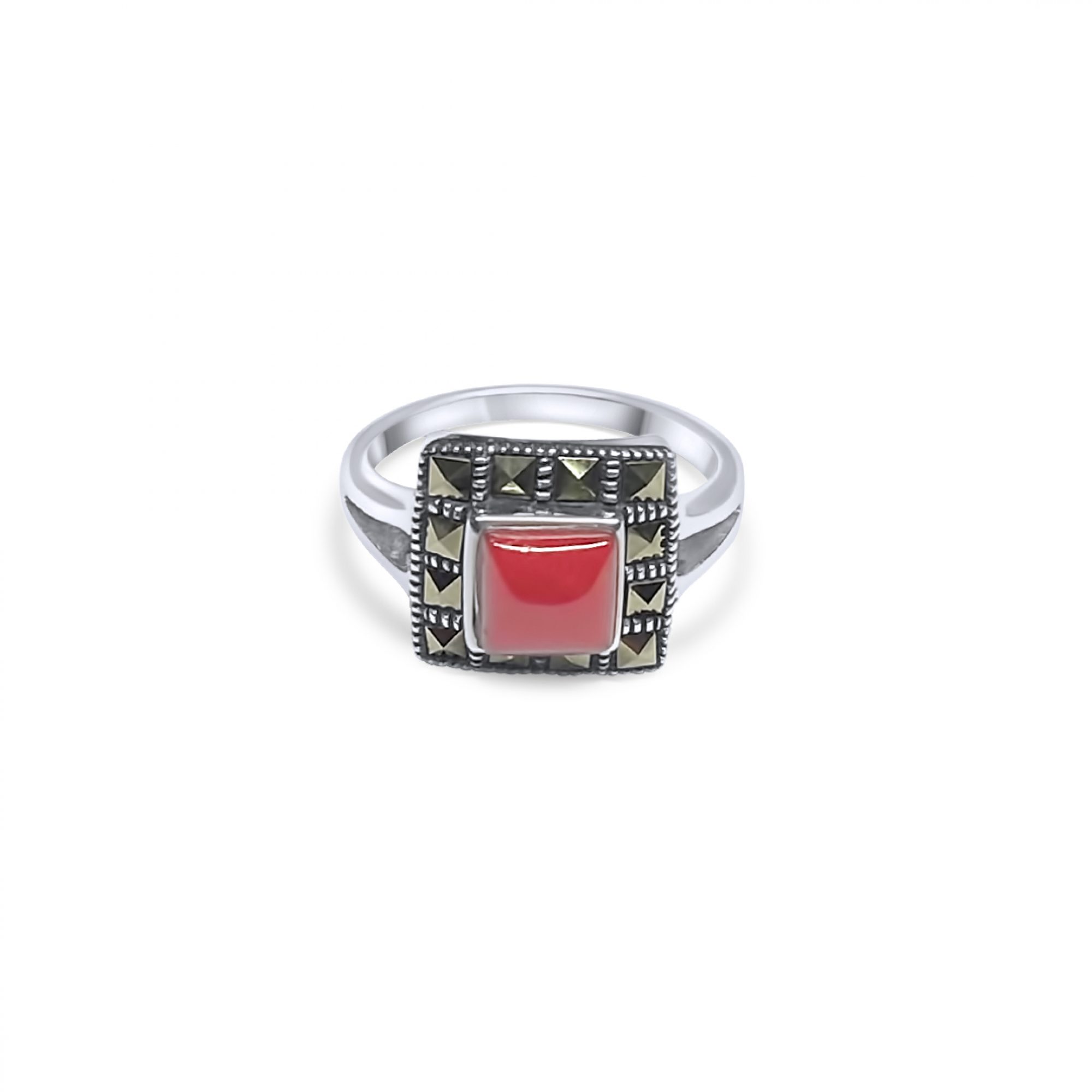 Ring with coral stone and marcasites