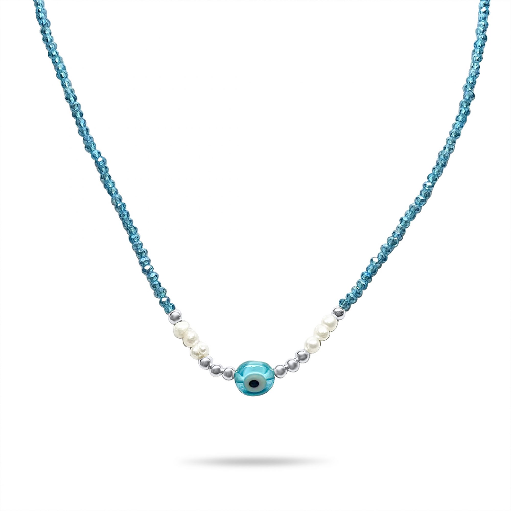 Silver eye necklace with aquamarine stones