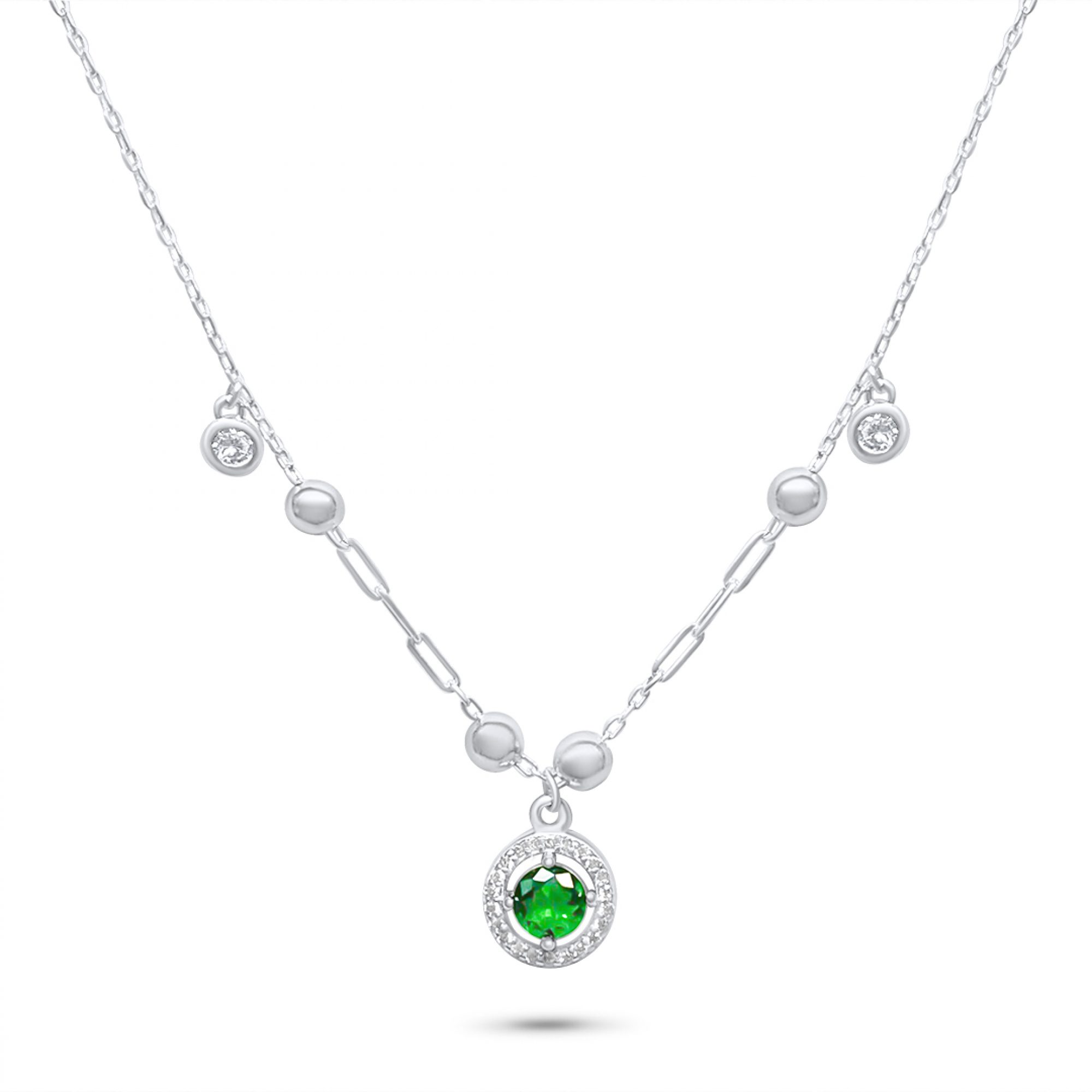 Silver necklace with emerald and zircon stones