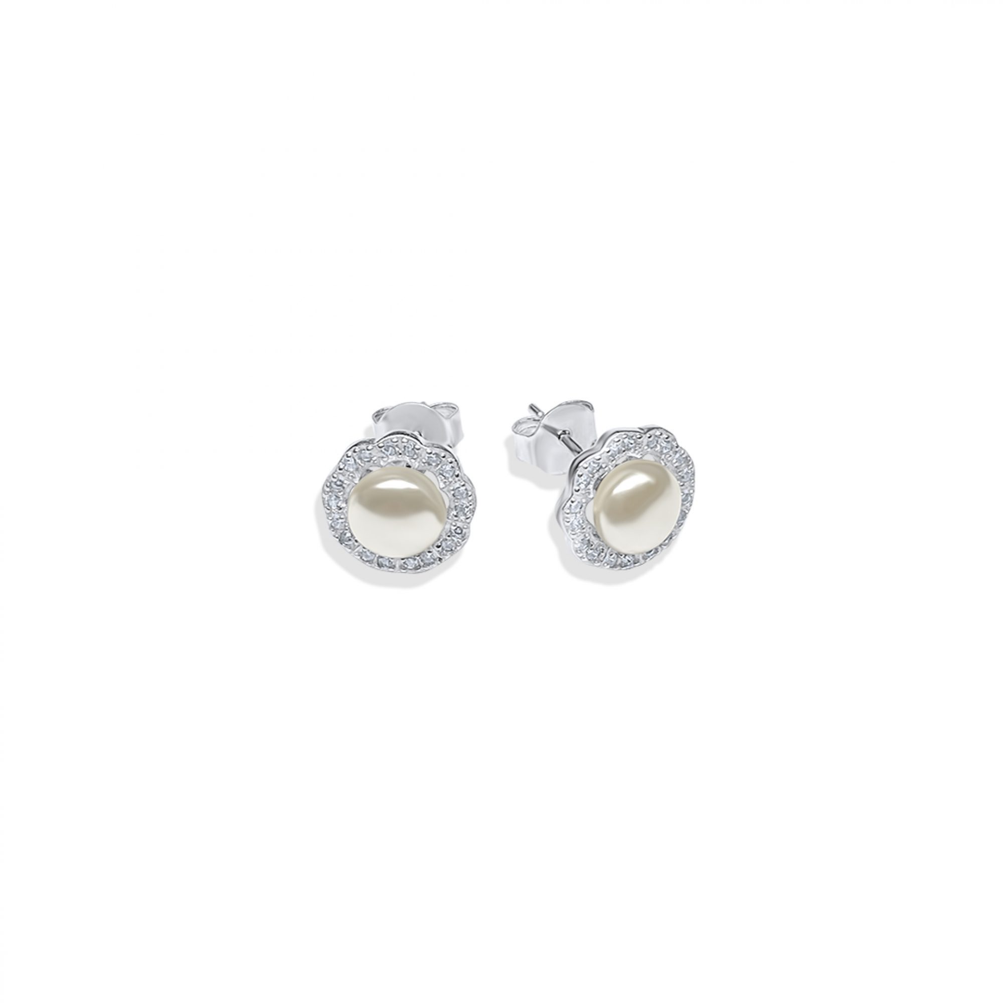 Silver stud earrings with pearl and zircon stones