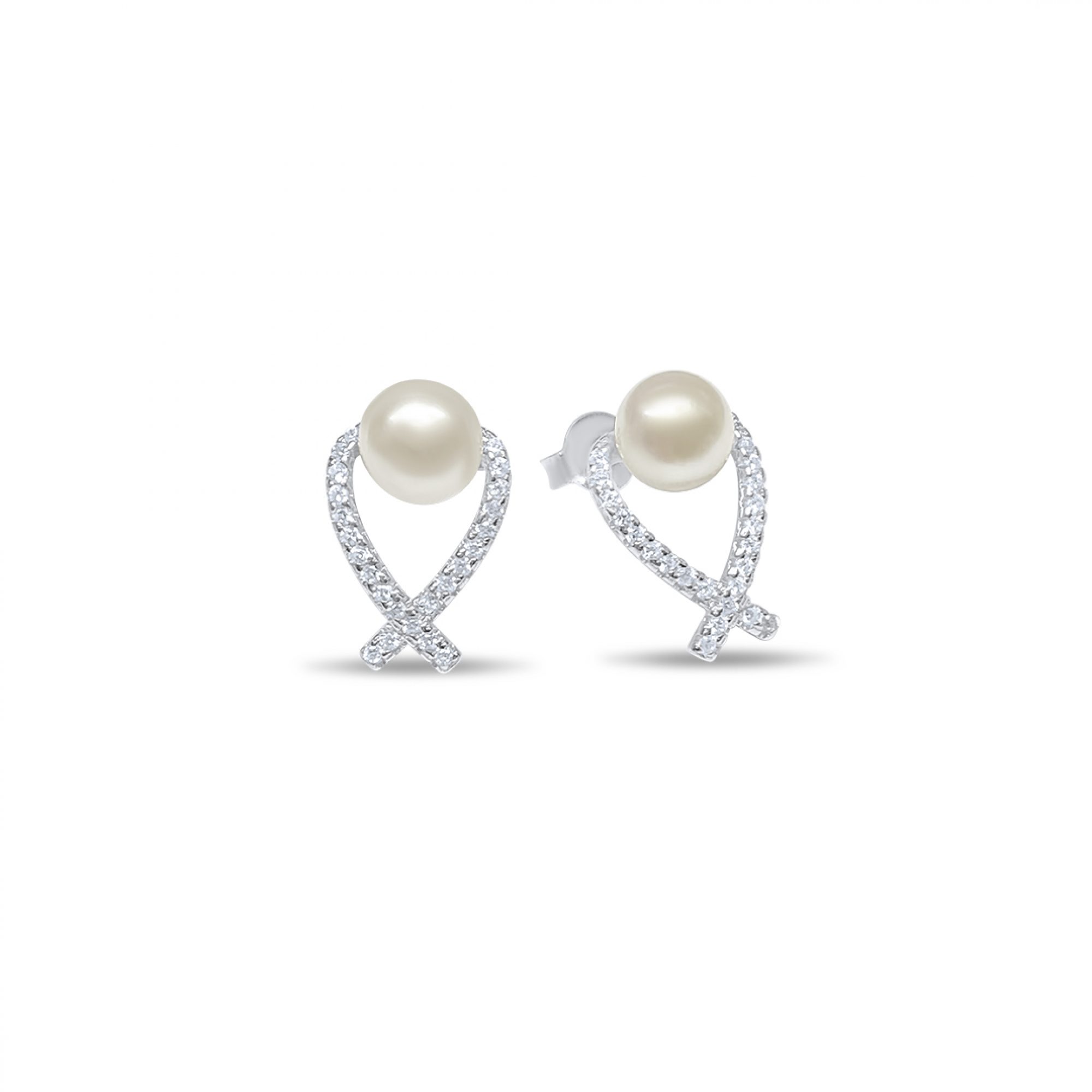 Silver stud earrings with pearl and zircon stones