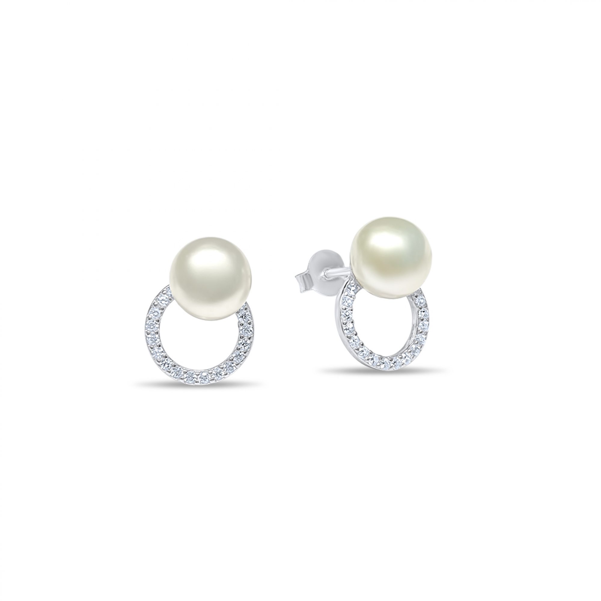 Silver stud earrings with pearl and zircon stones