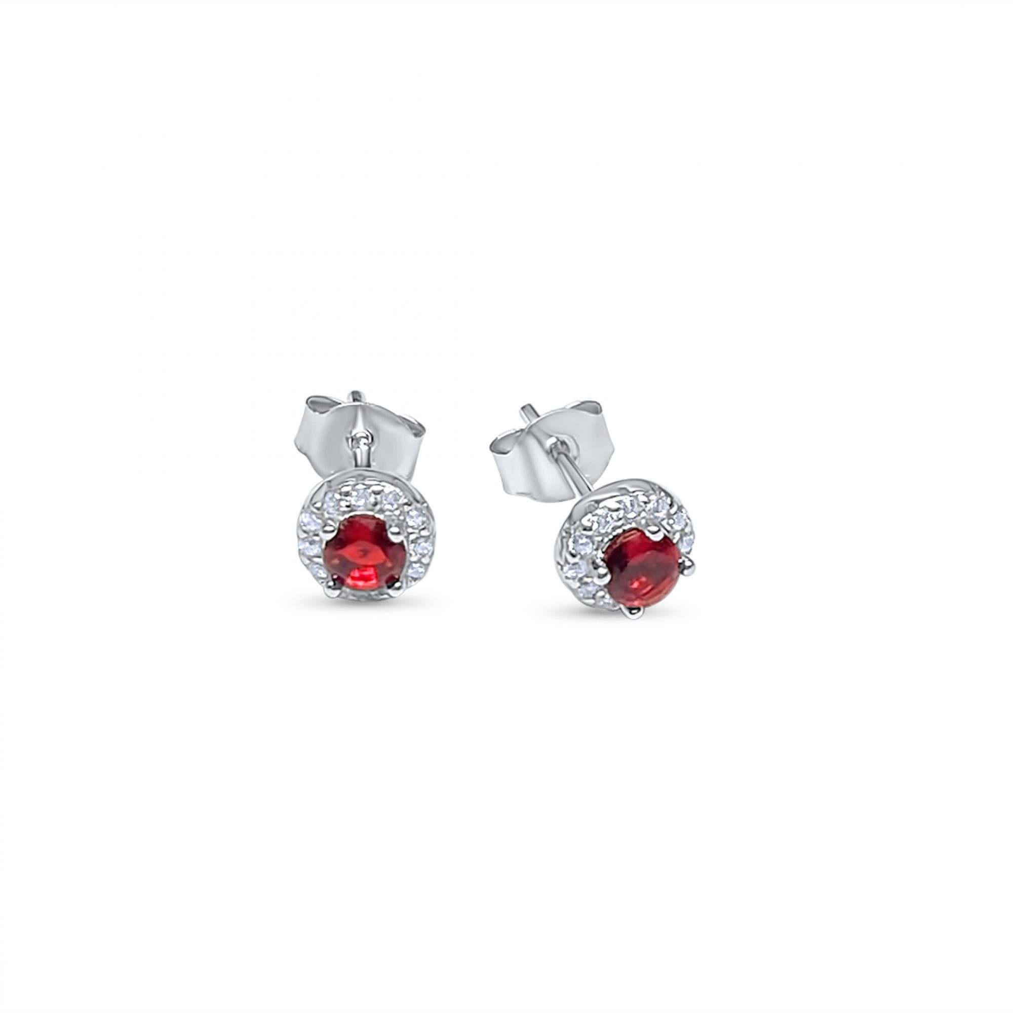 Silver stud earrings with ruby and zircon stones