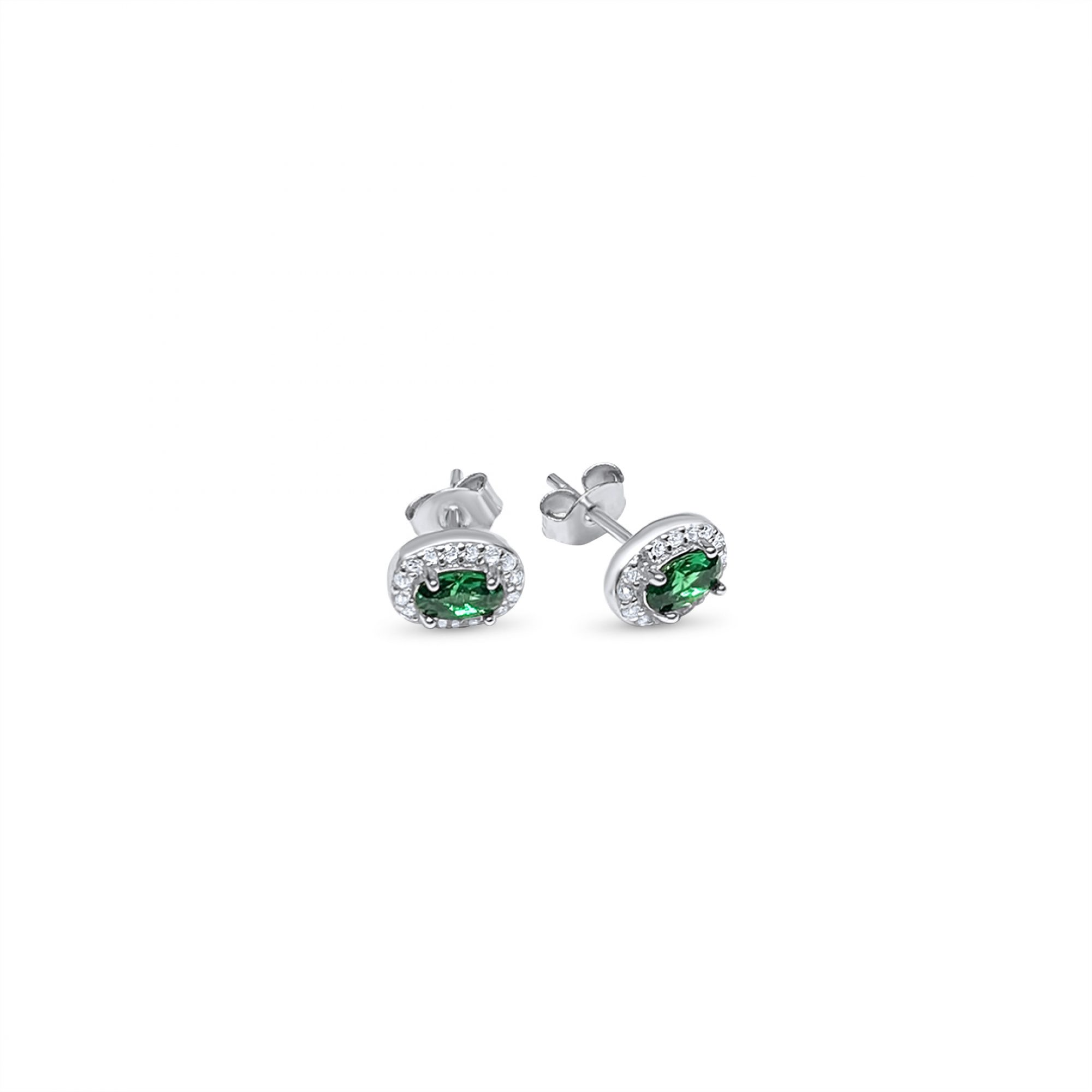 Silver stud earrings with emerald and zircon stones