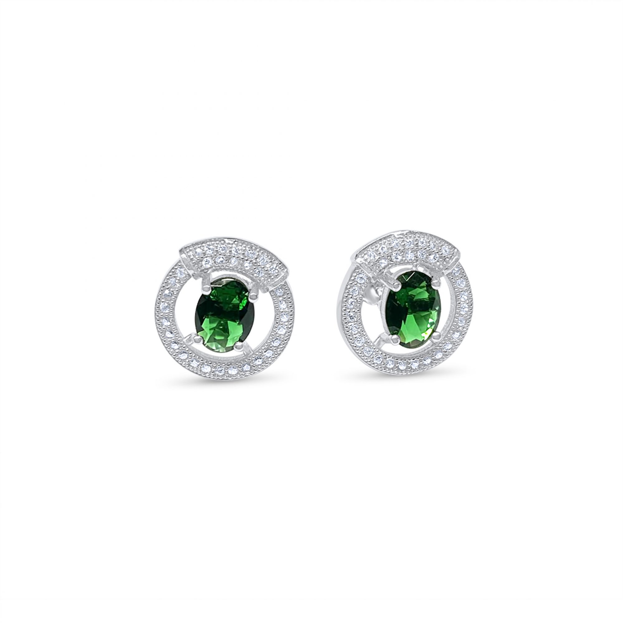 Silver stud earrings with emerald and zircon stones